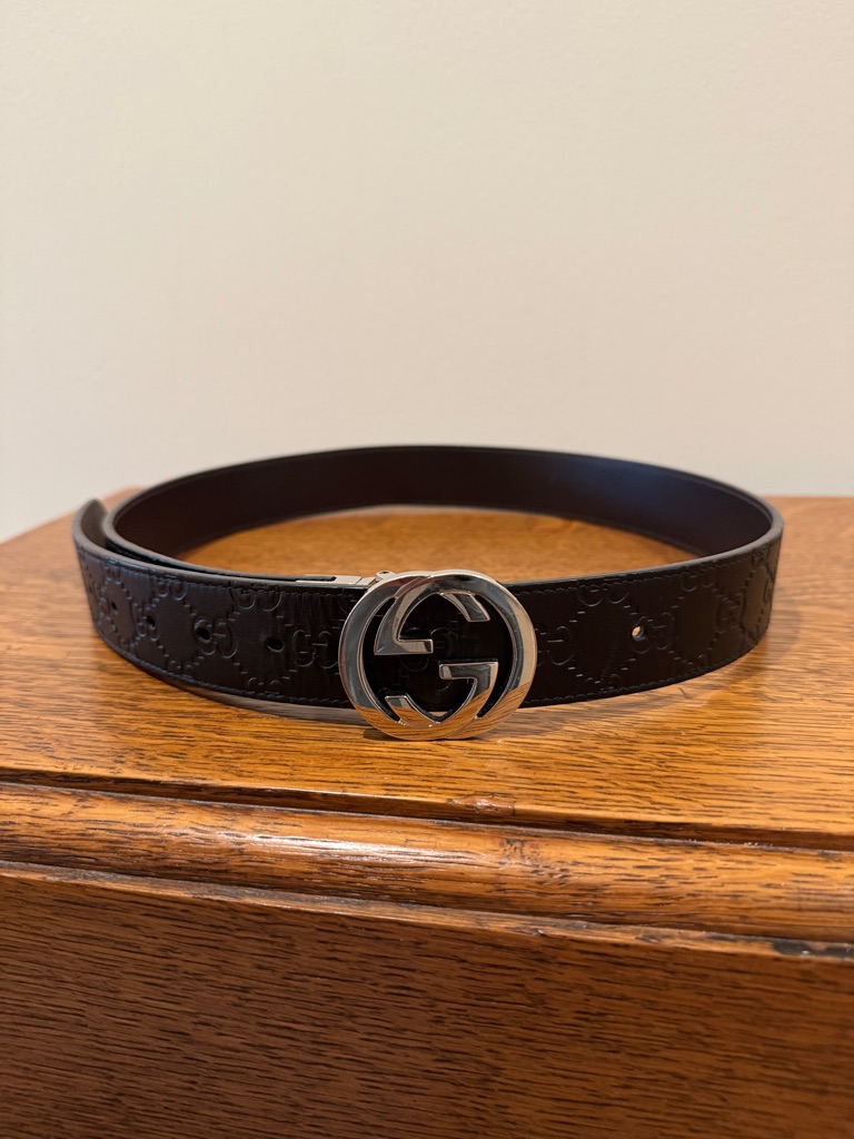 Gucci Black Embossed Gg Leather Belt With Silver Interlocking G Buckle
